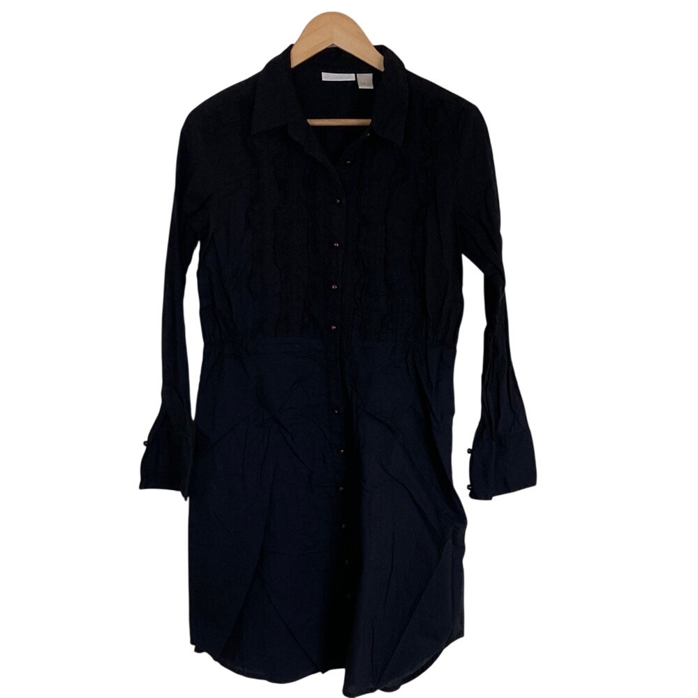 Whitewash Womens Black Button Front Dress Size M Ruffle Chest Long sleeve Cotton